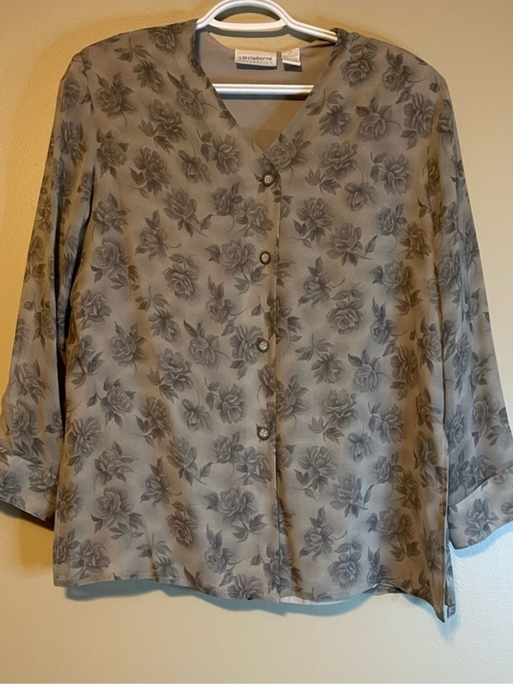 Vintage 90s 100% Silk Whimsical Liz Claiborne Floral Sheer Blouse Size 14